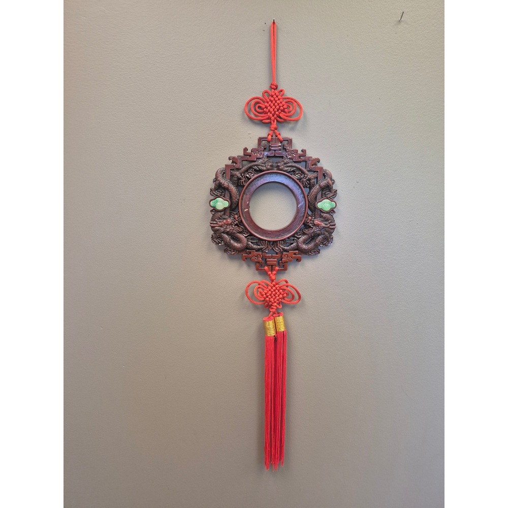 Chinese Dragon Wall Hanging 35 Feng Shui Red Tassel Faux Jade Carved Decor Frame